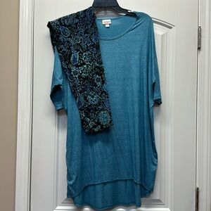 LuLaRoe heathered solid blue Irma size Medium and Floral TC Leggings set